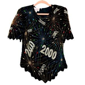 Vintage Silk Laurence Kazar Paris New York 2000 Beaded Sequin Top Blouse Large